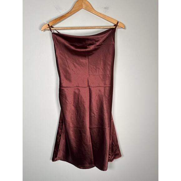 Flounce London Satin Cowl Neck Mini Slip Dress In Chocolate Brown Womens Size 6 - Picture 3 of 11